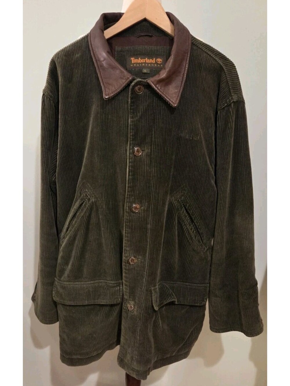 Timberland Weathergear Large Dark Olive Green Barn Coat Corduroy Leather Collar